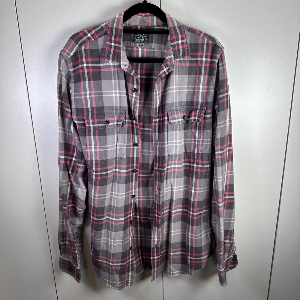 VTG J. Crew Plaid Flannel Shirt MT Gray‎ Pink White Long Sleeve Button Up